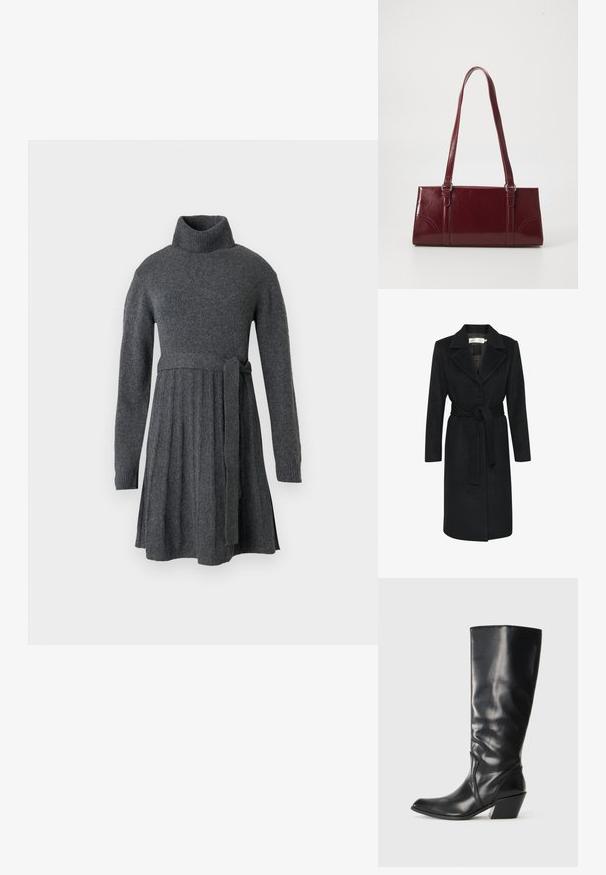 Must mustmantel, millel on vöökoht, kurgus ja pikad varrukad. Sile tekstuur ja sirge lõikega disain. Minimalistlik stiil.; Hall värvi kootud kleit, millel on kõrge turtleneck, pikad varrukad, rõhutatud talje vööga ja pleeditud seeliku detail.; Must kollane nahaksaapad, millel on teravvarvas, nurgeline kont ja sile pind. Külgedel on diskreetne õmblusega detail.; Burgundia värvi käekott, mis on valmistatud läikivast materjalist, ristküliku kujuline, kahe õlapaelaga ning ees on peened kaarjad aktsendid.