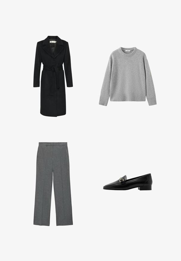 Zwarte wollen jas met een ceintuur in de taille, notch-kraag en lange mouwen. Glad textuur en recht gesneden ontwerp. Minimalistische stijl.; Grijze trui gemaakt van een zachte gebreide stof, met een ronde halslijn, doorgezakte schouders en geribbelde zoom en manchetten voor textuur.; Grijze op maat gemaakte broek met een recht model, platte voorkant en zijzakken. De stof heeft een subtiele textuur. Geen zichtbare hardware-details.; Zwarte leren instapper met een spitse neus, kleine blokhak en goudkleurig hardwaredetail aan de voorkant. Gladde textuur en minimalistisch design.