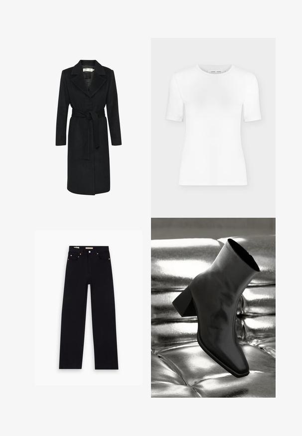 Zwarte wollen jas met een ceintuur in de taille, notch-kraag en lange mouwen. Glad textuur en recht gesneden ontwerp. Minimalistische stijl.; Wit T-shirt met korte mouwen en een ronde hals, een slanke pasvorm en geribbelde stof, weergegeven op een effen lichtgrijze achtergrond.; Zwarte denim jeans met een recht model, vijf zakken, koperen hardware en een gladde textuur. Twee labels zichtbaar op de tailleband.; Zwarte enkellaarsjes van glanzend materiaal met een vierkante neus en taps toelopende hak, afgezet tegen een glanzende zilveren gecapitonneerde achtergrond.