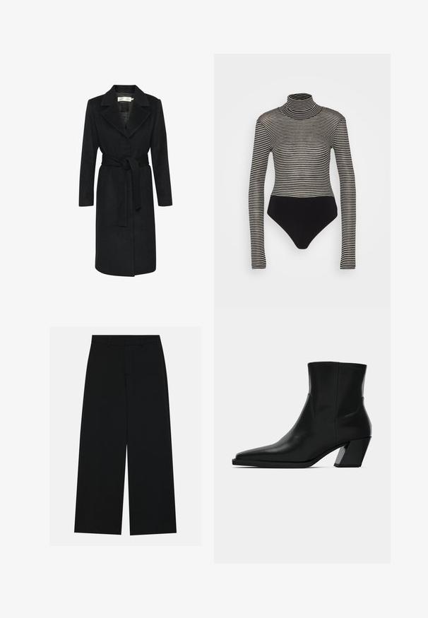Zwarte wollen jas met een ceintuur in de taille, notch-kraag en lange mouwen. Glad textuur en recht gesneden ontwerp. Minimalistische stijl.; Anna Field Longsleeve - black/beige; Zwart, wijde broek van een gladde stof. Heeft een plat tailleband met riemlussen en geen zichtbare zakken. Eenvoudig ontwerp.; Zwarte leren enkelboot met een spitse neus, een slanke silhoeet en een chunky vierkante hak. Gladde textuur met minimale stikdetails.