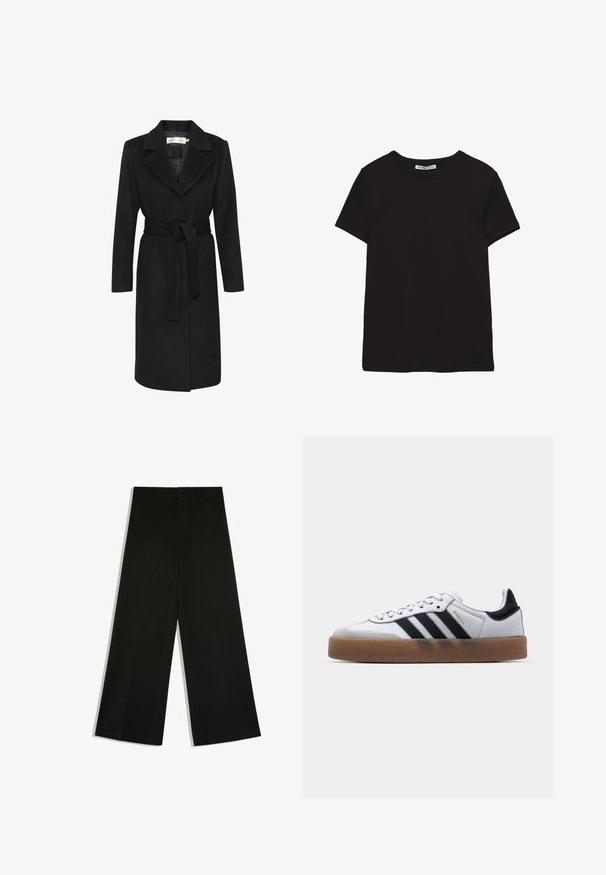 Černý vlněný kabát s páskem v pase, klopovým límcem a dlouhými rukávy. Hladká textura a rovný střih. Minimalistický styl.; Čierne krátke bavlnené tričko s okrúhlym výstrihom, štandardným strihom a viditeľnou vnútornou nálepkou na krku.; Čierne nohavice s širokými nohavicami, pútkami na opasok, predným zapínaním na gombík a zipsom, rozložené na bielom pozadí.; Biele kožené tenisky s čiernymi pruhmi, gumová podrážka, okrúhla špička, šnurovanie a mäkký sivý semišový špička.
