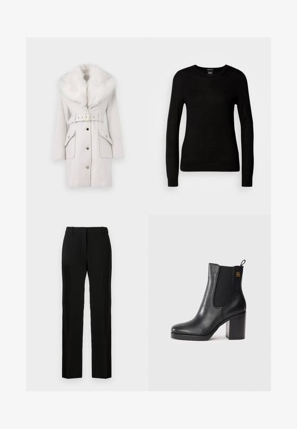 Manteau blanc ceinturé avec un grand col en fausse fourrure moelleux, boutons sur le devant et deux poches à rabat avec des boutons pression en ton or.; Pull noir en maille fine, avec un col rond et des manches longues à poignets ajustés. Pas de motifs ou d'ornements visibles.; Pantalon noir au design droit, fabriqué en tissu lisse, avec une taille plate, des passants de ceinture, et sans motifs ni accents visibles.; Bottines en cuir noir avec talon bloc, panneau élastique sur les côtés, languette d'enfilage et petit logo doré sur le dessus.