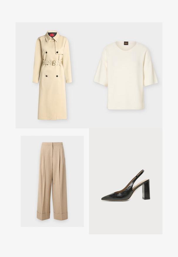 Trench-coat long beige avec des boutons noirs croisés, col pointu et ceinture à double boucle à la taille.; Pull à manches courtes couleur crème avec un col rond et une coupe ample, doté d'une petite étiquette noire avec le texte "BOSS" en orange au niveau du col.; Pantalon beige à jambes larges, taille haute, plis devant et larges revers à l'ourlet, présenté sur fond blanc.; Chaussure slingback en cuir noir à bout pointu avec un talon bloc haut et une doublure intérieure beige sur un fond clair uni.