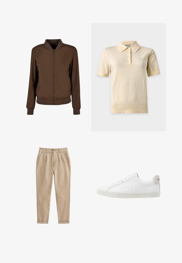 Chaqueta bomber marrón con cierre de cremallera en la parte frontal, puños y dobladillo acanalados. Hecha de un tejido suave y ligero con bolsillos laterales.; Polo corto de color crema con mangas cortas, tapeta de cuatro botones y textura de punto suave.; Chinos beige hechos de una tela de algodón ligera. Presentan una pierna ajustada, pliegues frontales, bolsillos laterales y puños enrollados. Textura cepillada.; Zapatillas de cuero blanco con una suela de goma texturizada en un tono blanco roto. Las características incluyen cordones, costuras sutiles y un acento en gamuza gris en el talón.