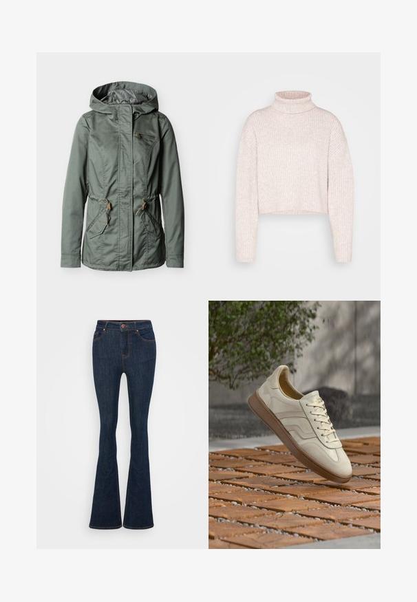 Veste à capuche verte avec fermeture éclair à l'avant, deux poches avant avec rabats, une poche poitrine zippée et des réglages de taille par cordon.; Pull à col roulé côtelé rose clair, longueur cropped, avec des manches longues et une texture douce. Design minimaliste sans quincaillerie visible.; Jeans évasés en denim bleu foncé avec des coutures visibles, des poches avant et une fermeture à bouton. Texture lisse avec un léger stretch.; Baskets couleur crème avec une semelle extérieure en caoutchouc beige texturée, un design à lacets et un marquage subtil sur le côté. Tige en cuir lisse.
