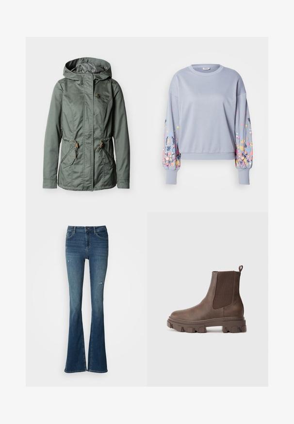 Veste à capuche verte avec fermeture éclair à l'avant, deux poches avant avec rabats, une poche poitrine zippée et des réglages de taille par cordon.; Sweat-shirt bleu clair avec broderie florale sur les manches, texture douce, poignets et ourlet côtelés, coupe décontractée, encolure ronde.; Jean évasé en denim bleu délavé, avec poches avant, taille haute et détails usés avec coutures visibles.; Bottines marron en matériau texturé avec des panneaux élastiques sur les côtés, une languette de tirage et une semelle crantée épaisse pour une meilleure adhérence.