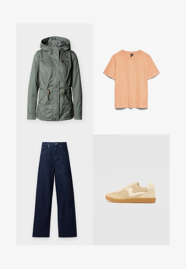 Veste à capuche verte avec fermeture éclair à l'avant, deux poches avant avec rabats, une poche poitrine zippée et des réglages de taille par cordon.; T-shirt à manches courtes couleur pêche avec un col rond et une étiquette noire à l'intérieur du col.; Jean en denim bleu foncé à jambes larges avec bouton et poches à l'avant, présenté à plat sur fond blanc.; Sneaker beige avec des matériaux en daim et en maille, forme arrondie, col rembourré proéminent et semelle en caoutchouc gomme. Présente un accent de design en forme de vague.