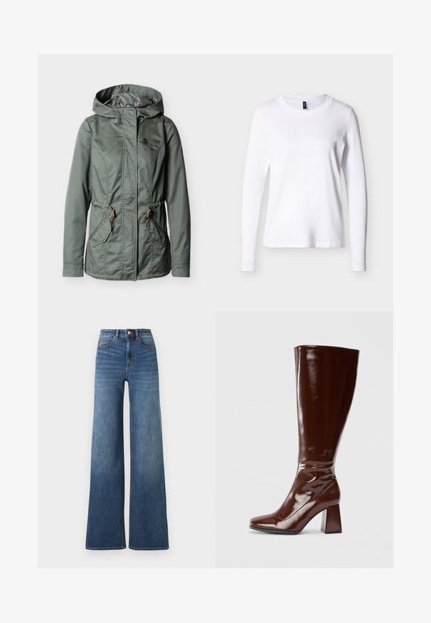 Veste à capuche verte avec fermeture éclair à l'avant, deux poches avant avec rabats, une poche poitrine zippée et des réglages de taille par cordon.; T-shirt blanc à manches longues avec col rond, présenté sur un fond neutre, vue de face avec une étiquette noire au niveau du col.; Jean en denim bleu taille haute avec jambes larges, fermeture avant par boutons et zip, et poches devant et derrière.; Bottes en cuir verni marron jusqu'aux genoux avec un bout carré, finition brillante et un talon épais pour la stabilité. Design sans couture sans matériel visible.