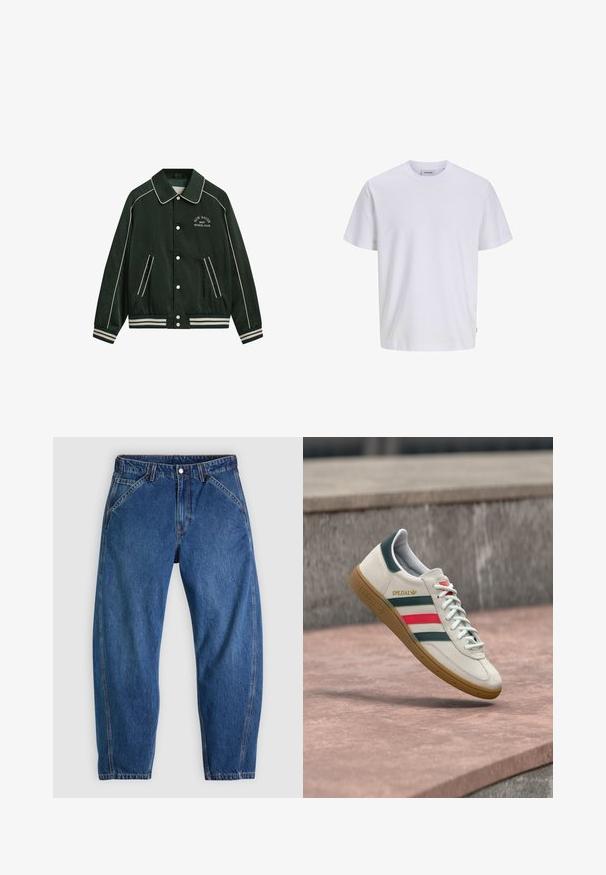 Chaqueta bomber verde con un gran cuello, ribetes blancos y "New Haven Gant Sports Club" bordado en el pecho. Presenta puños a rayas y bolsillos.; Camiseta blanca lisa de manga corta y cuello redondo, con dobladillo recto, mostrada sobre un fondo blanco.; Vaqueros de mezclilla azul con un ajuste holgado, cuentan con cierre de botones, cinco bolsillos y costuras en contraste de color naranja. Textura suave en toda la prenda.; Zapatilla blanca Adidas con franjas verdes y rojas, suela de goma y marca "SPEZIAL" flotando sobre pavimento de piedra.