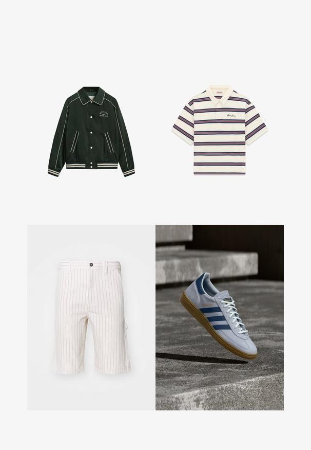Blouson aviateur vert avec un grand col, des garnitures blanches et "New Haven Gant Sports Club" brodé sur la poitrine. Il comprend des poignets rayés et des poches.; Polo crème à manches courtes avec rayures horizontales bleues et rouges, col et logo ""Guess Jeans"" sur la poitrine. Aucune personne présente.; Shorts cargo blancs avec des rayures verticales rouges, fabriqués en tissu léger. Comprend une fermeture à bouton et des poches latérales.; Baskets Adidas Spezial bleu clair avec des rayures bleu marine et une semelle en gomme, montrées en l'air au-dessus d'escaliers en béton dans un environnement extérieur neutre.