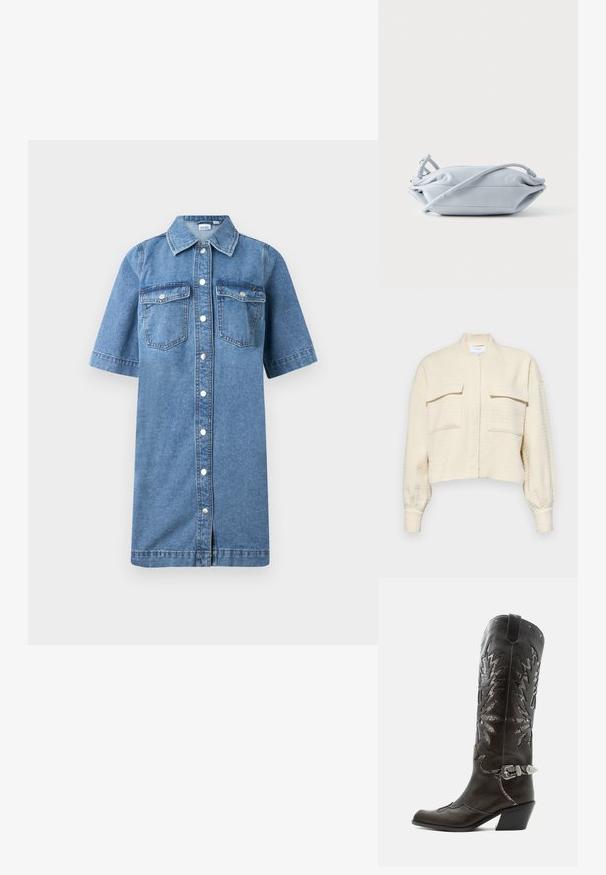 Lyhyt kerma jäähdytys takki, jossa on tekstuuri kangasta, varustettuna vetoketjulla, ylösnostettavalla kauluksella ja kahdella rintataskulla, joissa on nappiläpät.; Denimmaatushki, vaaleansininen, lyhyet hihat, napitettava etuosa, kaksi rintataskua, suora leikkaus ja hieman levenevä helma.; Musta nahkainen cowboy-saapas koristeellisilla leikkauksilla, hopeisella soljella ja vinolla korolla, valkoisella taustalla esitetty.; Pehmeän vaaleansininen nahkainen olkalaukku, joka makaa tasaisena ohuen hihnan ja kerätyn yksityiskohdan kanssa valkoisella taustalla.