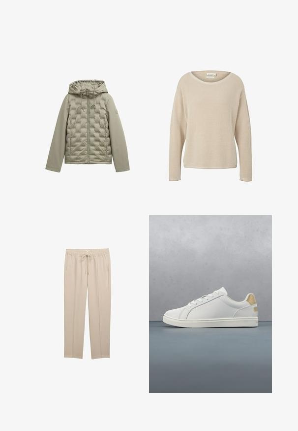 Hellgrüne Daunenjacke mit Reißverschluss vorne, Kapuze und gestepptem Design. Glattes Material an den Ärmeln, Kordeln an der Kapuze und rundem Logodetail.; Beige gestrickter Pullover aus Bio-Baumwolle. Hat eine lockere Passform, einen runden Halsausschnitt und ein strukturiertes Muster. Lange Ärmel.; Beige Hose mit verstellbarem Bund, zwei seitlichen Taschen und einem glatten, leichten Stoff im geraden Schnitt.; Weißer Sneaker aus glattem synthetischem Material, mit einem strukturierten goldfarbenen Akzent an der Ferse und dezentem Branding an der Seite.
