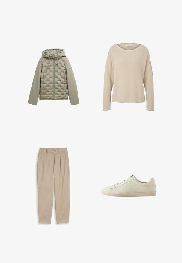 Lysgrøn dunjakke med lynlås fortil, hætte og quiltet design. Glat stof på ærmerne, snoretræk ved hætten og rundt logo-detalje.; Beige strikket sweater lavet af økologisk bomuld. Har en løs pasform, rund halsudskæring og et struktureret mønster overalt. Lange ærmer.; Beige højtaljede, indsnævrede bukser med læg, bæltestropper og sidelommer, vist fladt på en hvid baggrund.; Lavskaftet hvid lædersneakers med tekstureret overflade, snørelukning og en beige gummisål, vist fra siden på en hvid baggrund.