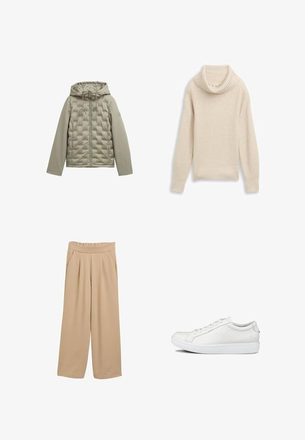 Svetlozelená prešívaná bunda s predným zipsom, kapucňou a prešívaným dizajnom. Hladká tkanina na rukávoch, sťahovacie šnúrky na kapucni a okrúhly detail loga.; Pletený pulóver v odtieňoch krémovej. Má široký rebrovaný golier, textúrované telo a rebrované manžety a lem pre pohodlné nosenie.; Beige široké nohavice s nariaseným pásom, so zošívanými bočnými vreckami a hladkým textúrovaným povrchom látky.; Nízke biele kožené tenisky so šnurovaním vpredu, textúrovanou podrážkou a nenápadným logom pri päte, zobrazené na bielom pozadí.