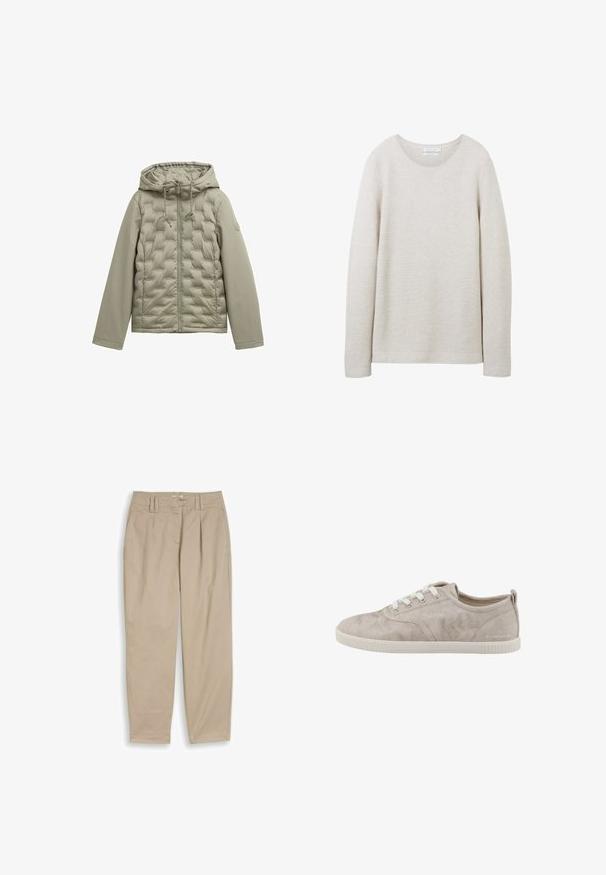 Lysgrøn dunjakke med lynlås fortil, hætte og quiltet design. Glat stof på ærmerne, snoretræk ved hætten og rundt logo-detalje.; Lys beige langærmet sweater med rund halsudskæring, tekstureret ribbet design og lige kant. Blødt stof med subtile striber.; Beige højtaljede, indsnævrede bukser med læg, bæltestropper og sidelommer, vist fladt på en hvid baggrund.; Lysebeige lavtop sneaker med hvide snørebånd, gummisål og stofoverdel, set fra siden på en hvid baggrund.