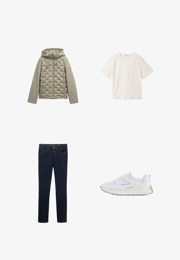 Hellgrüne Daunenjacke mit Reißverschluss vorne, Kapuze und gestepptem Design. Glattes Material an den Ärmeln, Kordeln an der Kapuze und rundem Logodetail.; TOM TAILOR DENIM T-Shirt basic - gardenia white; Dunkelblaue Denim-Jeans mit schmaler Passform. Sie verfügen über fünf Taschen, kontrastierende orangefarbene Nähte und einen Metallknopfverschluss am Bund.; Weißer Sportschuh mit einem Obermaterial aus Mesh und Synthetik, ausgestattet mit silbernen Akzenten und einer strukturierten Gummisohle, beschriftet mit "TOM TAILOR."