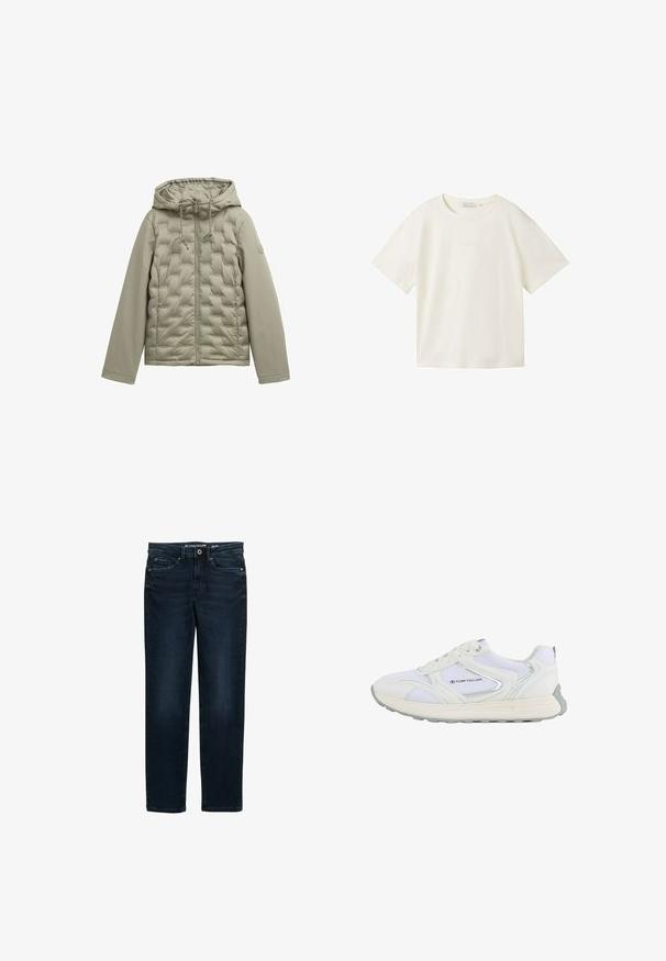 Lichtgroene pufferjack met een rits aan de voorkant, kap en gestikt ontwerp. Glad materiaal op de mouwen, trekkoorden bij de kap en een ronde logo-detail.; TOM TAILOR DENIM T-shirt basic - gardenia white; Donkerblauwe denim jeans met een rechte pijp, voorzien van een traditionele vijf-pocketontwerp en metalen sluitingen.; Witte sportschoen met een bovenwerk van mesh en synthetisch materiaal, voorzien van zilveren accenten en een gestructureerde rubberen zool, gelabeld "TOM TAILOR."