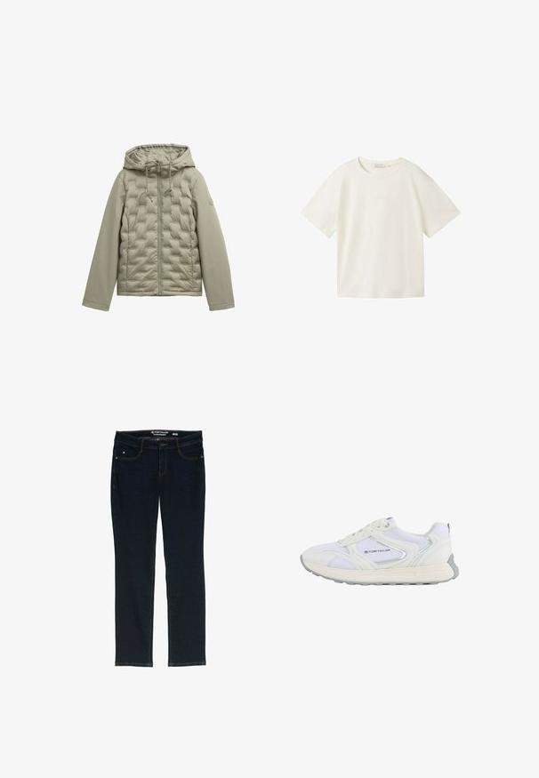 Hellgrüne Daunenjacke mit Reißverschluss vorne, Kapuze und gestepptem Design. Glattes Material an den Ärmeln, Kordeln an der Kapuze und rundem Logodetail.; TOM TAILOR DENIM T-Shirt basic - gardenia white; Dunkelblaue gerade geschnittene Jeans aus Denim. Verfügt über fünf Taschen, kontrastierende orangefarbene Nähte und ein Etikett am Bund mit dem Markennamen.; Weißer Sportschuh mit einem Obermaterial aus Mesh und Synthetik, ausgestattet mit silbernen Akzenten und einer strukturierten Gummisohle, beschriftet mit "TOM TAILOR."