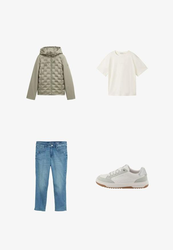 Lichtgroene pufferjack met een rits aan de voorkant, kap en gestikt ontwerp. Glad materiaal op de mouwen, trekkoorden bij de kap en een ronde logo-detail.; TOM TAILOR DENIM T-shirt basic - gardenia white; Blauwe denim jeans met een rechte snit, vijf zakken en subtiele whiskerdetails. Voorzien van een enkele metalen knoop en een ritsluiting.; Witte sneaker met lichtgroene en grijze suède accenten, textuurrubber zool, ronde neus, vetersluiting en geperforeerde details aan de zijkanten.