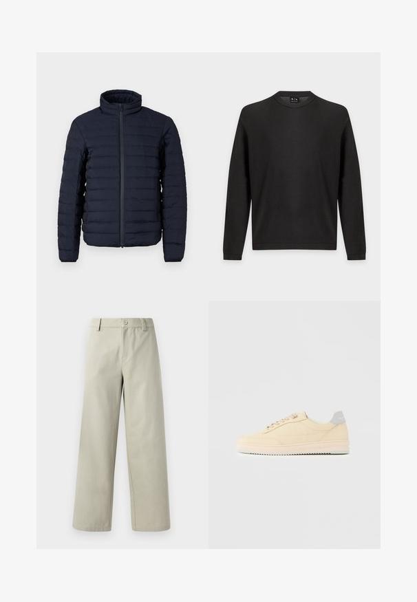 Veste matelassée marine avec col montant, motif matelassé horizontal, fermeture éclair frontale et texture légère et lisse.; Pull noir texturé à manches longues avec col rond, poignets et ourlet côtelés sur fond gris clair.; Han Kjøbenhavn WIDE LEG - Pantalon classique - light grey; Baskets basses beige à lacets, semelle rose clair et languette grise à l'arrière marquée "Filling Pieces", vues de profil sur fond uni.