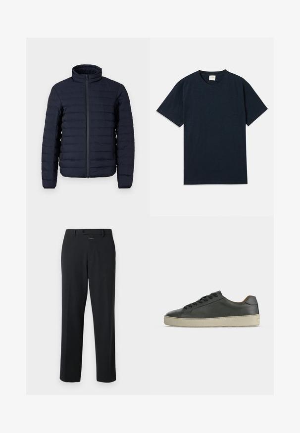 Veste matelassée marine avec col montant, motif matelassé horizontal, fermeture éclair frontale et texture légère et lisse.; T-shirt à manches courtes en bleu marine uni avec un petit logo embossé près de l'ourlet inférieur.; Pantalon noir à coupe droite, en tissu lisse. Il présente une fermeture à bouton à l'avant et des détails de couture subtils. Conception simple sans motifs.; Baskets basses en cuir noir avec lacets noirs et semelle en caoutchouc écrue, vues de côté extérieur sur fond blanc.
