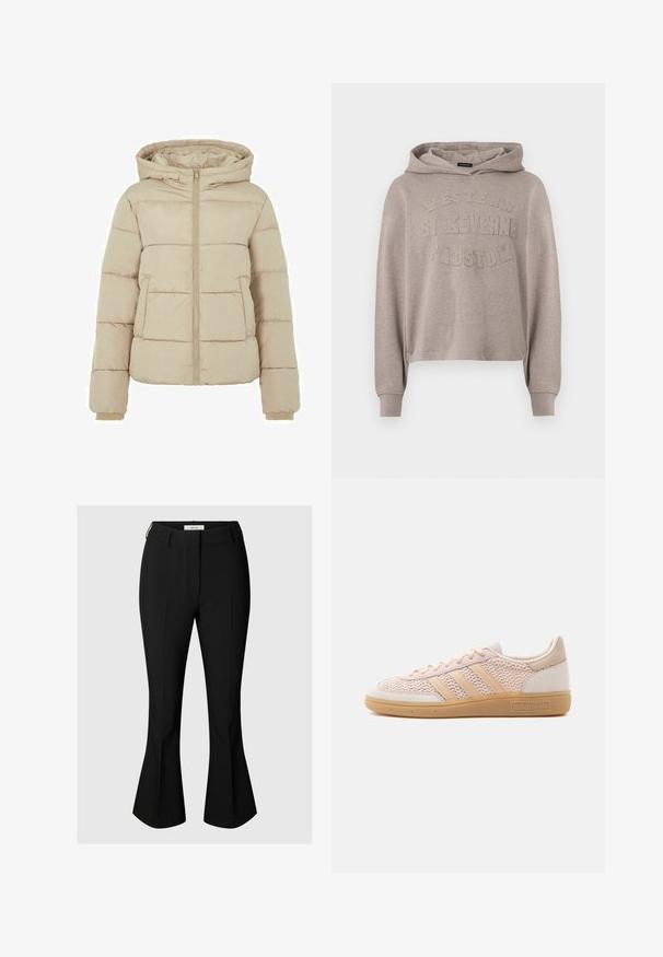 Beige gewatteerde jas met capuchon, voorzijde met ritssluiting en twee grote zakken. Soepele textuur met gewatteerde patronen en elastische manchetten.; Beige hoodie met lange mouwen en verhoogde tekst "Western St Keverne Padstow" op de voorkant.; Zwarte, op maat gemaakte broek met licht uitlopende pijpen, plooien aan de voorkant, tailleband en een verborgen sluiting aan de voorkant.; Beige lage Adidas sneaker met een bovenwerk van geweven stof, een zool van gum rubber en drie kenmerkende strepen aan de zijkant.