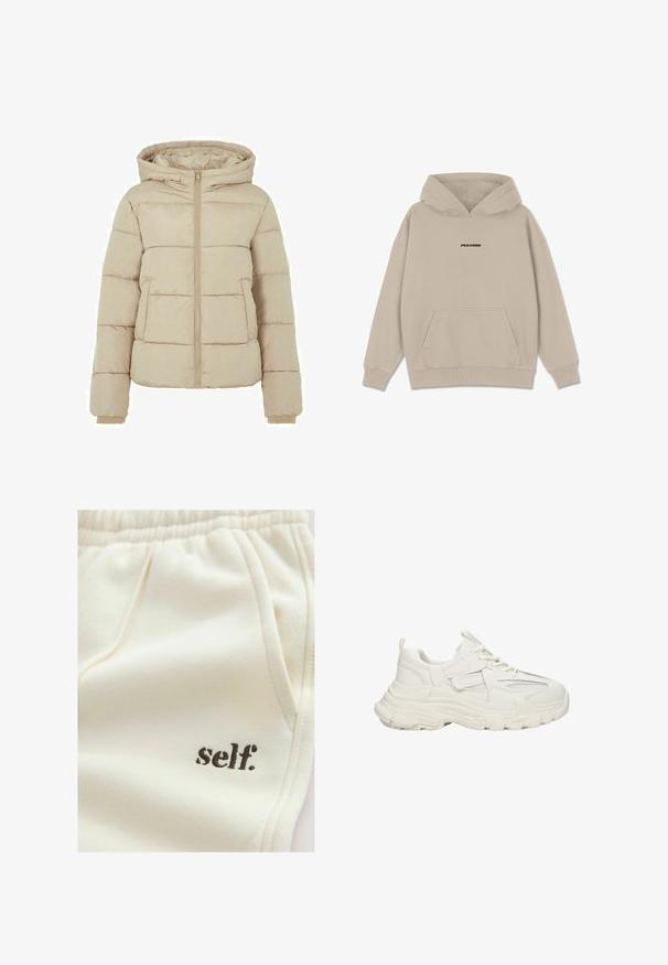 Beige gewatteerde jas met capuchon, voorzijde met ritssluiting en twee grote zakken. Soepele textuur met gewatteerde patronen en elastische manchetten.; Pegador CLARITA LOGO OVERSIZED HOODIE - Hoodie - washed cozy beige black; Crèmekleurige katoenen joggingbroek met een zachte textuur, elastische tailleband, zijzakken en "self." geborduurd in het bruin.; Robuuste witte sneakers met een textuur bovenkant met mesh details, dikke rubberen zool, ronde neus en decoratieve accenten aan de zijkanten.