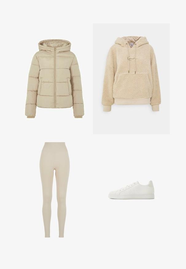 Vaaleanbeige vuorattu takki hupulla, edessä vetoketjukiinnitys ja kaksi suurta taskua. Sileä pinta, jossa on tikattuja kuvioita ja elastiset hihansuut.; Beige huppari fleece, jossa on teksturoitu pinta, etupussitasku ja nyörit. Pehmeä kangas, jossa on ribbattuja hihansuuta ja helmaa.; Beige leggingit valmistatud venivast kangast, millel on kõrge vöökoht; sile tekstuur, keha lähedane siluett, ilma nähtavate mustrite või riistvarata.; Valkoiset lenkkarit, joissa on hälyttävä pinta, litteät nauhat ja matala muotoilu. Varustettu verkkomaisilla paneeleilla ja kumipohjalla.
