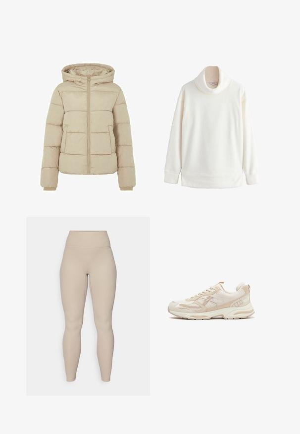 Beige gewatteerde jas met capuchon, voorzijde met ritssluiting en twee grote zakken. Soepele textuur met gewatteerde patronen en elastische manchetten.; Witte fleece trui met lange mouwen, een losse col en geribde manchetten, getoond op een hanger tegen een witte achtergrond.; Beige hoge taille legging met een geribbelde textuur, voorzien van een soepele tailleband en aansluitende benen, ontworpen voor comfort en flexibiliteit.; Beige en witte sportschoen met bovenwerk van mesh en synthetisch materiaal, veterontwerp, gevoerde zool en trekhaak bij de hiel, zijaanzicht.