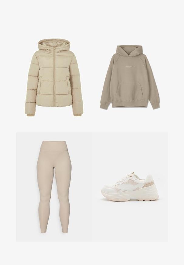 Veste rembourrée beige avec capuche, fermeture éclair à l'avant, et deux grandes poches. Texture lisse avec des motifs matelassés et des poignets élastiqués.; Haut à capuche beige avec poche kangourou, capuche à cordon de serrage et poignets côtelés. Présente une broderie de logo discrète sur le devant et la manche.; Leggings beiges taille haute avec une texture côtelée, dotés d'une ceinture lisse et de jambes ajustées, conçus pour le confort et la flexibilité.; Baskets blanches et roses claires avec une semelle épaisse, un tissu texturé, des accents en cuir lisse et des détails de couture décoratifs.