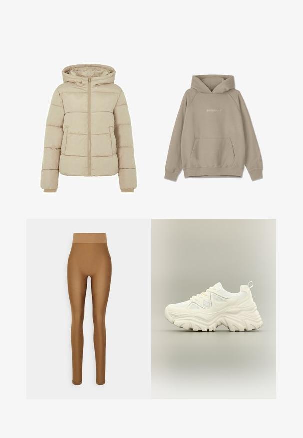 Beige gewatteerde jas met capuchon, voorzijde met ritssluiting en twee grote zakken. Soepele textuur met gewatteerde patronen en elastische manchetten.; Beige hoodie met een kangoeroezak, trekkoordcapuchon en geribde manchetten. Kenmerkt een subtiele logo- borduring op de voorkant en mouw.; Even&Odd active Tights - brown; Witte chunky sneaker met dikke textuurrijke zool, mesh panelen, veters aan de voorkant en een treklipje aan de hiel op een neutrale achtergrond.