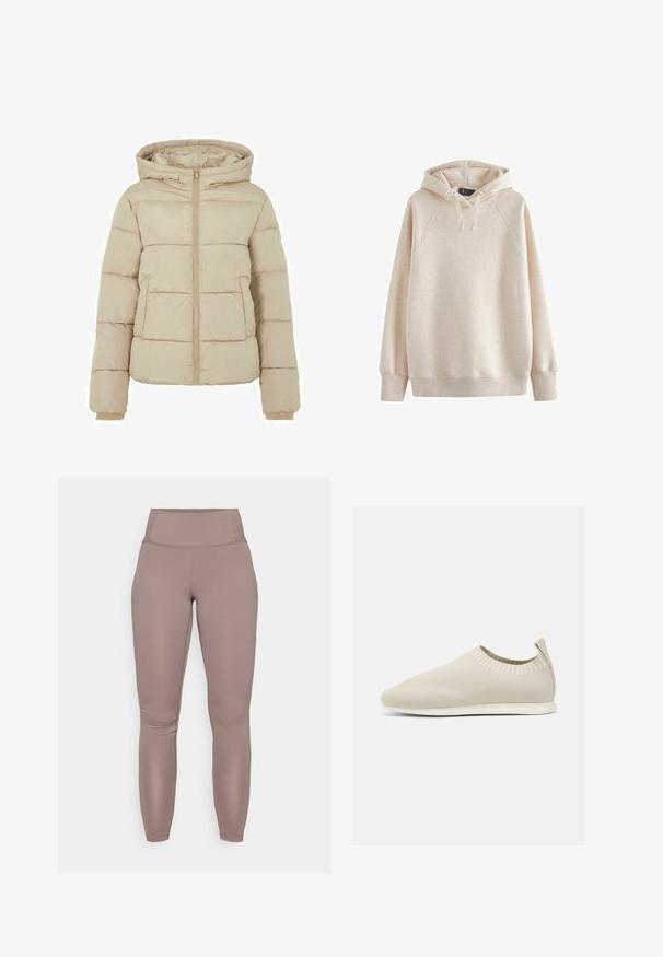 Beige gewatteerde jas met capuchon, voorzijde met ritssluiting en twee grote zakken. Soepele textuur met gewatteerde patronen en elastische manchetten.; Beige hoodie gemaakt van zachte stof met een ruime capuchon, ribgebreide manchetten en zoom, en raglanmouwen. Geen zichtbare patronen of graphics.; Hoge taille, figuur-huggende leggings in een effen taupe kleur, met een gladde, rekbare stof en een schoon, naadloos ontwerp.; Beige gebreide instap schoen met een lage profiel, textuur bovenkant en een flexibele zool. Kenmerkt zich door een geweven ontwerp rond de enkel voor comfort.