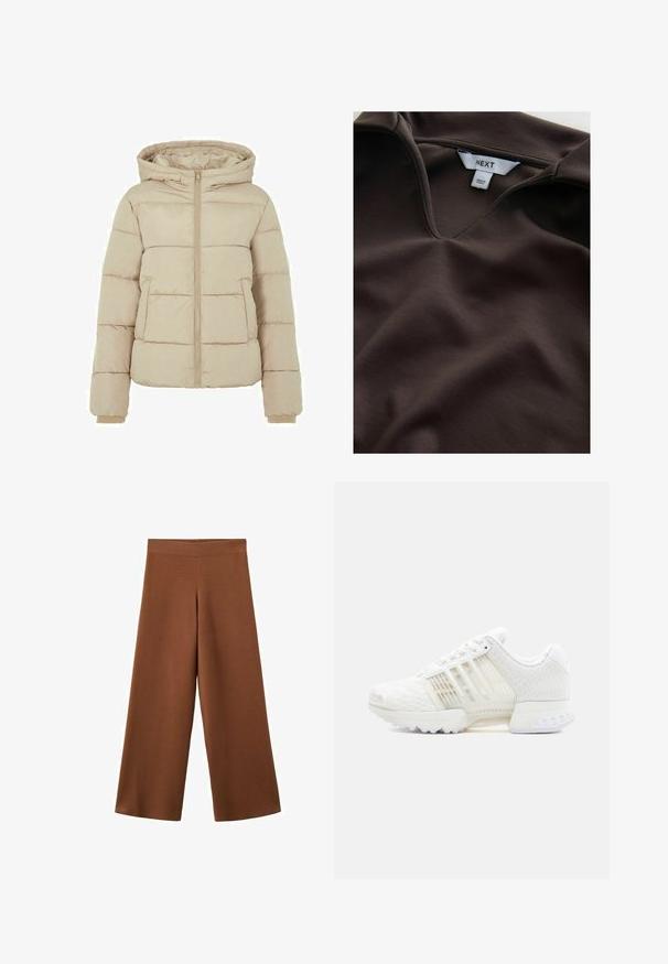 Beige gewatteerde jas met capuchon, voorzijde met ritssluiting en twee grote zakken. Soepele textuur met gewatteerde patronen en elastische manchetten.; Bruin V-hals shirt gemaakt van zacht materiaal, met een gladde textuur en subtiele glans. Het etiket vermeldt "NEXT," wat het merk aangeeft.; Bruine, wijde broek gemaakt van een zachte, structuurstof. Heeft een hoge, elastische tailleband en valt losjes tot op de enkel.; Witte sportschoen met een gestructureerd mesh bovenwerk, doorschijnende zijpanelen en een stevige rubberen zool. Voorzien van een vetersluiting en een gevoerde kraag.