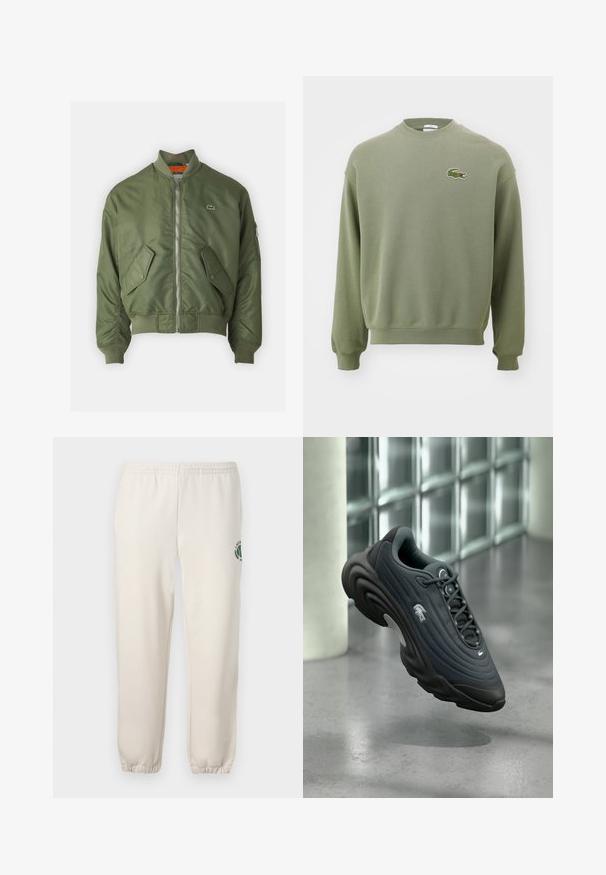 Chaqueta bomber verde oliva con cierre de cremallera al frente, puños acanalados y dos bolsillos frontales. Presenta un pequeño logo en el lado izquierdo del pecho y forro interior en contraste.; Sudadera verde oliva con cuello redondo, puños y dobladillo acanalados. Presenta un logo de cocodrilo bordado en el lado izquierdo del pecho. Tejido suave y texturizado.; Pantalones de chándal de color beige claro, hechos de algodón, con una cinturilla elástica, puños acanalados y un logo verde con diseño de hoja en la pierna izquierda.; Zapatilla deportiva gris oscuro con parte superior texturizada, diseño redondeado y logo blanco destacado. Cuenta con suela ligera y sistema de cordones.