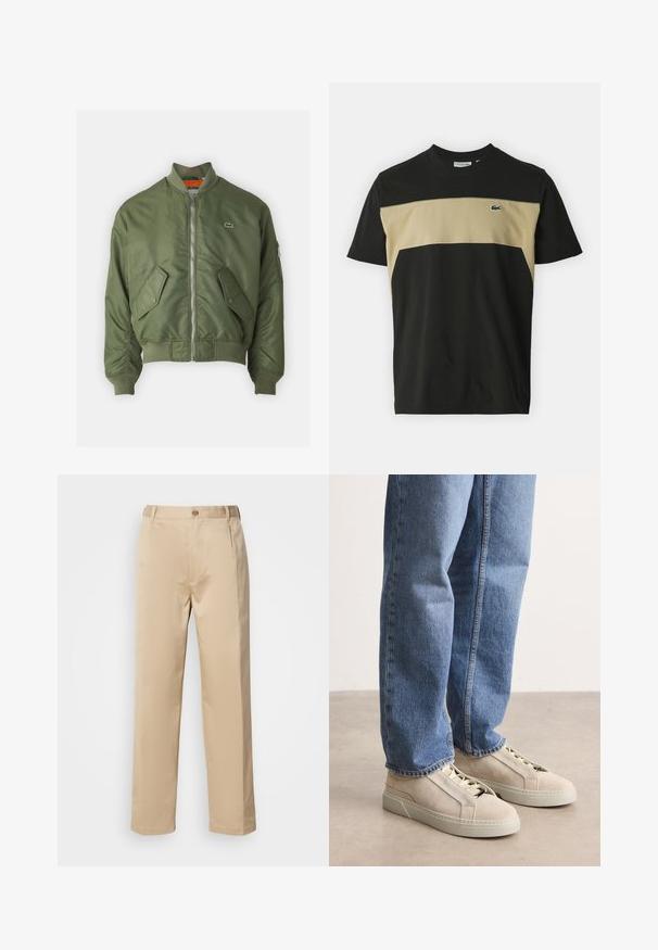 Olijfgroene bomberjack met een rits aan de voorkant, ribgebreide manchetten en twee voorzakken. Voorzien van een klein logo op de linkerkant van de borst en een contrasterende binnenvoering.; T-shirt met ronde hals, voorzien van een zwarte basis en een beige horizontaal paneel. Gemaakt van katoen met een klein groen logo op de borst.; Beige broek van lichtgewicht stof, met een rechte pasvorm, tailleband met riemlussen en een enkele knoopsluiting aan de voorkant.; BOSS GARYTENN_SDHDEL - Sneakers laag - natural ten