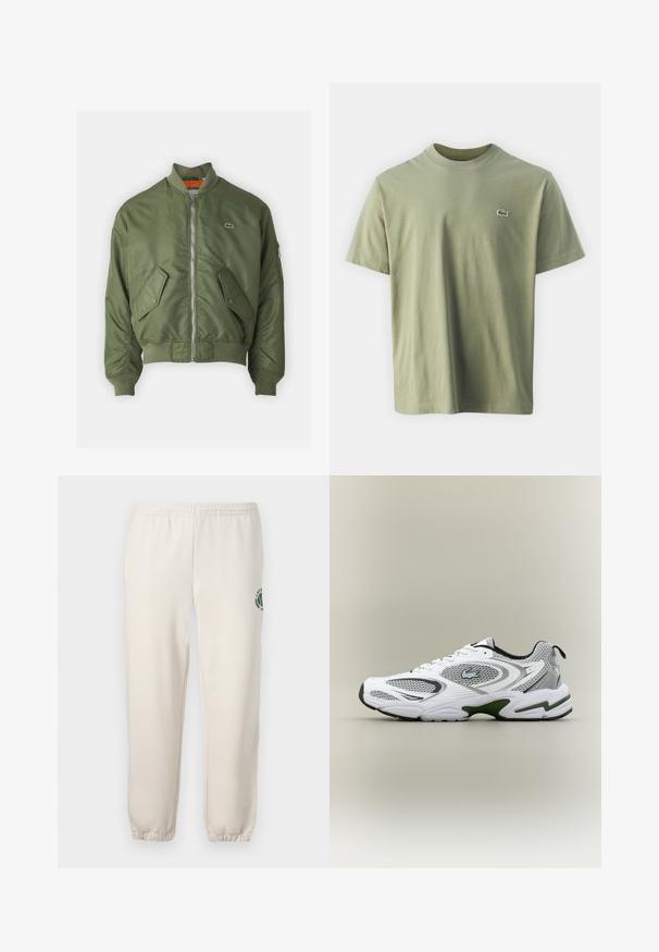 Chaqueta bomber verde oliva con cierre de cremallera al frente, puños acanalados y dos bolsillos frontales. Presenta un pequeño logo en el lado izquierdo del pecho y forro interior en contraste.; Camiseta de algodón verde oliva con cuello redondo y mangas cortas. Presenta un pequeño logotipo bordado en el pecho. Textura suave.; Pantalones de chándal de color beige claro, hechos de algodón, con una cinturilla elástica, puños acanalados y un logo verde con diseño de hoja en la pierna izquierda.; Zapatilla deportiva de running en blanco y gris, con paneles de malla, acentos verdes, detalles en negro y un logo en el costado, vista desde el lado exterior.