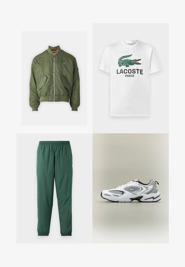 Oliven grøn bomberjakke med lynlås foran, ribbede manchetter og to forlommer. Har et lille logo på venstre bryst og kontrastfarvet inderforing.; Lacoste T-shirts print - white; Grønne, lette, elastiske bukser med en rynket talje og manchetter, lavet af et glat, vandafvisende materiale.; Hvid og grå sporty løbesko med mesh-paneler, grønne detaljer, sorte elementer og et logo på siden, vist fra ydersiden.