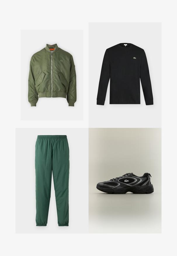 Μπορντό bomber jacket με φερμουάρ μπροστά, ριγωτούς καρπούς και δύο μπροστινές τσέπες. Διαθέτει μικρό λογότυπο στο αριστερό στήθος και αντίθετη επένδυση εσωτερικά.; Μαύρο μακρυμάνικο μπλουζάκι με στρογγυλή λαιμόκοψη και μικρό πράσινο λογότυπο κροκοδείλου στο αριστερό στήθος, απεικονισμένο σε απλό φωτεινό φόντο.; Πράσινο, ελαφρύ, ελαστικό παντελόνι με μαζεμένη μέση και μανσέτες, φτιαγμένο από ένα λείο, αδιάβροχο υλικό.; Μαύρο και γκρι αθλητικό παπούτσι με διχτυωτές επιφάνειες, σχέδιο με κορδόνια, παχύ πάτο και μικρό λογότυπο κροκοδείλου στο πλάι.