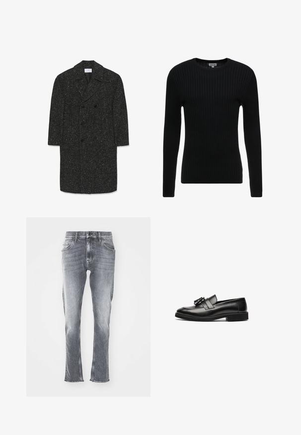 Lang donkergrijze herringbone wollen jas met brede revers en zes zwarte knopen in een dubbelgebonden stijl.; Zwarte geribbelde lange mouwen trui met een ronde hals; gestructureerde stof met verticale lijnen; slim fit silhouet; geen zichtbare versieringen of accenten.; Grijze denim jeans met een slim fit, rafelige zoom en vijf zakken. Voorzien van een klassieke knoop- en ritssluiting. Zachte textuur met een vervaagde wassing.; Zwarte leren loafers met een gladde oppervlakte, een ronde neus en een decoratieve kwast op de band. Platte zool en subtiele stikseldetails.