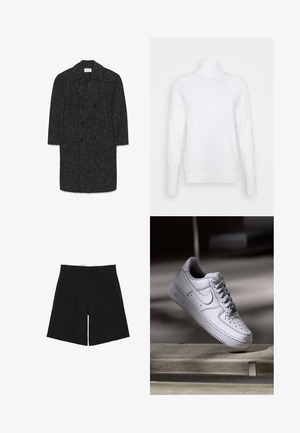 Lang mørkegrå hørfrakke i fiskebensmønster med brede revers og seks sorte knapper i dobbeltradet stil.; Hvid turtleneck sweater med lange ærmer, lavet af glat stof. Har et tætsiddende design og ribbede manchetter og kant. Ingen mønstre eller accenter.; Sorte skræddersyede shorts med bæltestropper, forreste læg og sidelommer, lagt fladt på en hvid baggrund.; Hvid læder Nike Air Force 1 sneaker med perforeret tå, flade snørebånd og tekstureret gummisål med "AIR" branding på siden.