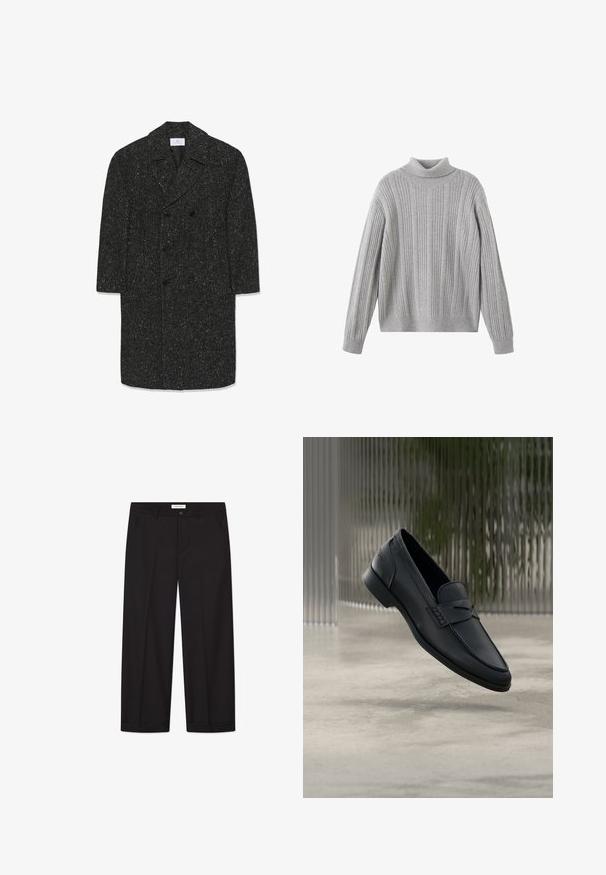 Lang mørkegrå hørfrakke i fiskebensmønster med brede revers og seks sorte knapper i dobbeltradet stil.; Grå ribstrikket rullekrave sweater lavet af garn, med lange ærmer og en tætsiddende kant, med lodret tekstur og et hyggeligt design.; Sorte bredde-ben bukser lavet af glat stof. Har en knap- og lynlåslukning, to forreste lommer og en skarp kant.; Sort læderloafer med glat finish, spids tå og sømdetaljer over vristen. Lav hæl og minimalistisk design.