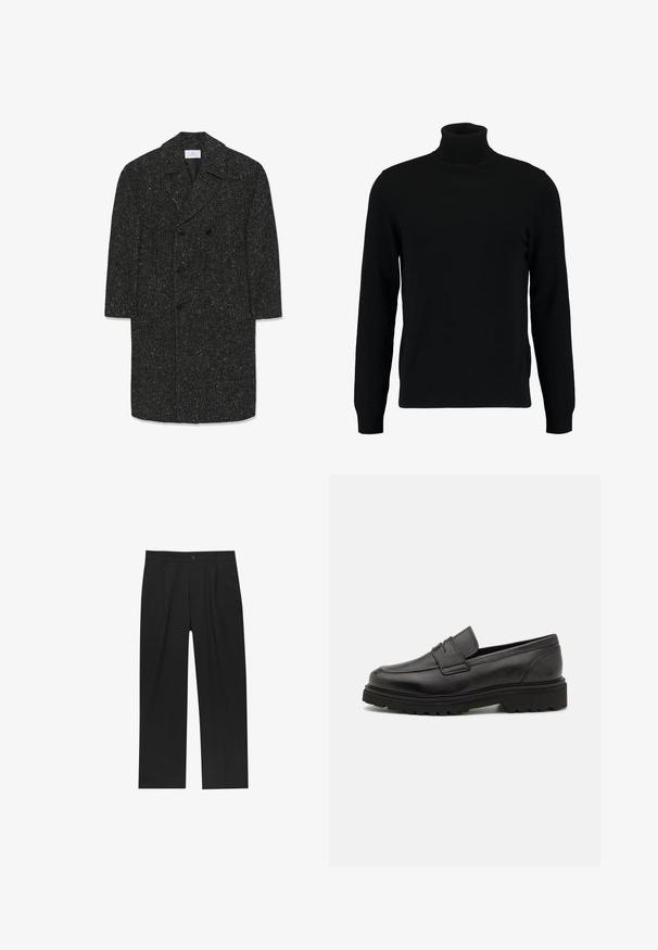 Lang mørkegrå hørfrakke i fiskebensmønster med brede revers og seks sorte knapper i dobbeltradet stil.; Sort turtleneck sweater lavet af et blødt strikmateriale. Har lange ærmer, ribbet krave og kant. Enkel, slank design uden mønstre.; Sorte bukser med lige ben, lavet af et glat stof. Har frontfolder og en enkelt knaplukning i taljen.; Sort læder loafersko med rund tå, syningsdetaljer og en tyk, struktureret sål. Har et elegant, minimalistisk design.