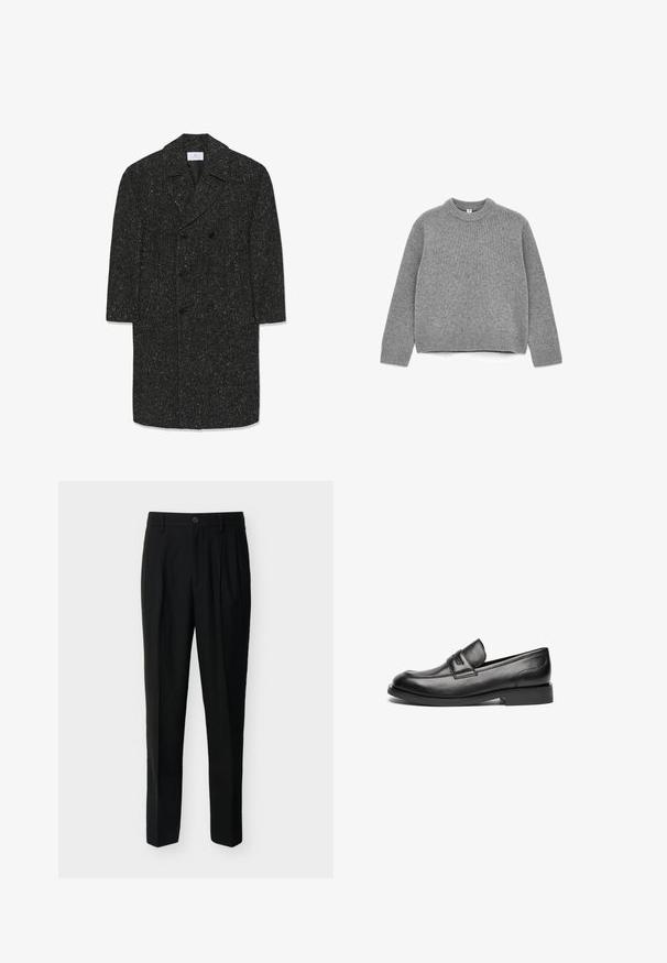 Lang mørkegrå hørfrakke i fiskebensmønster med brede revers og seks sorte knapper i dobbeltradet stil.; Grå strikket sweater med rund hals, lange ærmer, ribbede manchetter og kant, samt en blød tekstur.; Sorte, skræddersyede bukser med høj talje, bæltestropper, forreste læg, sidelommer samt knap- og lynlåslukning.; Sorte læder loafers har en rund tå, en stikning hen over toppen og en lav, flad gummisål. Glat tekstur uden synlige mønstre.