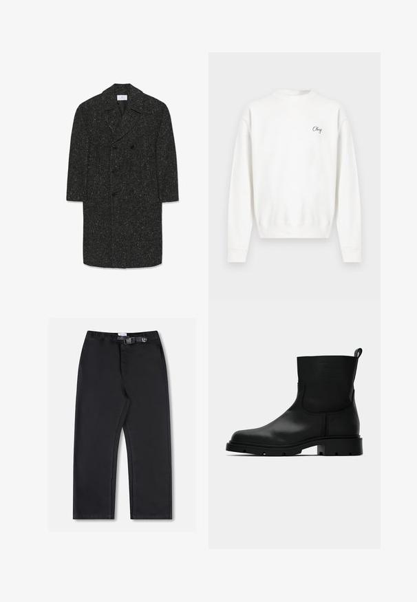 Lang mørkegrå hørfrakke i fiskebensmønster med brede revers og seks sorte knapper i dobbeltradet stil.; Hvid sweatshirt lavet af blødt stof med rund halsudskæring og ribkant ved ærmerne. Ordet "Obey" er broderet i en enkel, kursiv skrifttype på brystet.; Sorte buks med lige ben, elastisk taljebånd og sidelukning med spænde, vist på en hvid baggrund.; Sort læderstøvle til midten af læggen med rund tå, flad sål med riller, trækflap bagpå og diskret præget branding på skaftet.
