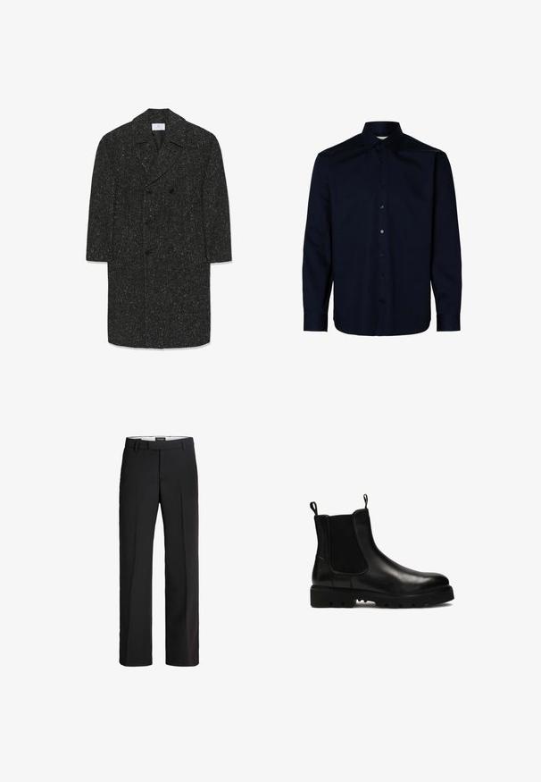 Lang donkergrijze herringbone wollen jas met brede revers en zes zwarte knopen in een dubbelgebonden stijl.; Marineblauw overhemd met lange mouwen, gemaakt van gladde stof, voorzien van een button-down kraag en een voorpanden met donkere knopen, een rechte zoom en geribde manchetten.; Zwarte broek met een verfijnde pasvorm; heeft een platte voorkant, twee zijzakken en een gladde textuur; gemaakt van een lichtgewicht, ademend materiaal.; Zwarte leren Chelsea-boots met elastische zijpanelen, trekhaakjes en een chunky rubberen zool met opvallende profielpatronen.
