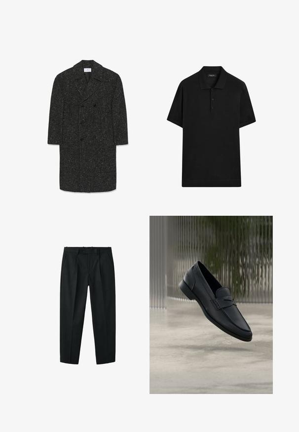 Langer, dunkelgrauer Herringbone-Wollmantel mit breiten Revers und sechs schwarzen Knöpfen im doppelten Knopfdesign.; Schwarzes Poloshirt mit kurzen Ärmeln, Kragen, drei Knöpfen vorn und geradem Saum. Keine sichtbaren Muster, Logos oder Verzierungen.; Schwarze maßgeschneiderte Hosen mit einem Knopf- und Reißverschluss, seitlichen Taschen, Gürtelschlaufen und Vorderfalten.; Schwarzer Lederloafer mit glatter Oberfläche, spitzer Zehenpartie und gestickten Details über dem Spann. Niedriger Absatz und minimalistisches Design.