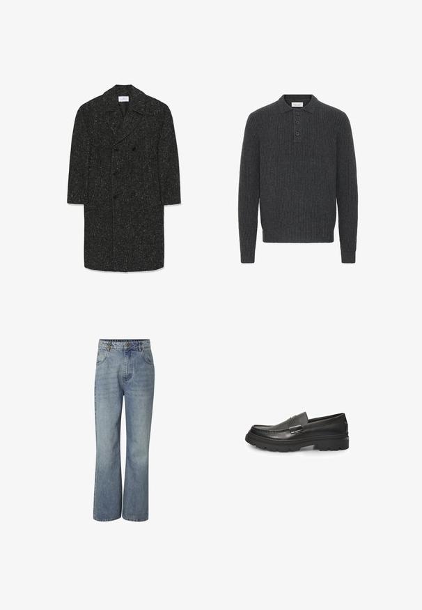 Pikk tumehall herringbone villane müts laia kraega ja kuue musta nupuga topelt-rinnaga.; Tumehallid kudumipolo-sweater ribatud tekstuuriga, kolme nupuga lohvpaneel ja pikad varrukad. Looduslik disain, mis sobib kihitamiseks.; Kõrge vöökohaga sinised teksapüksid laiade sääreosadega, ees nööpidega sulgemine, vööaasad ning ees- ja tagataskud.; Mustad musta nahast loafer, millel on ümar varvas, sile ülemine osa, dekoratiivne rihm vampi üle, ja paks, mustriga kummist põhi.