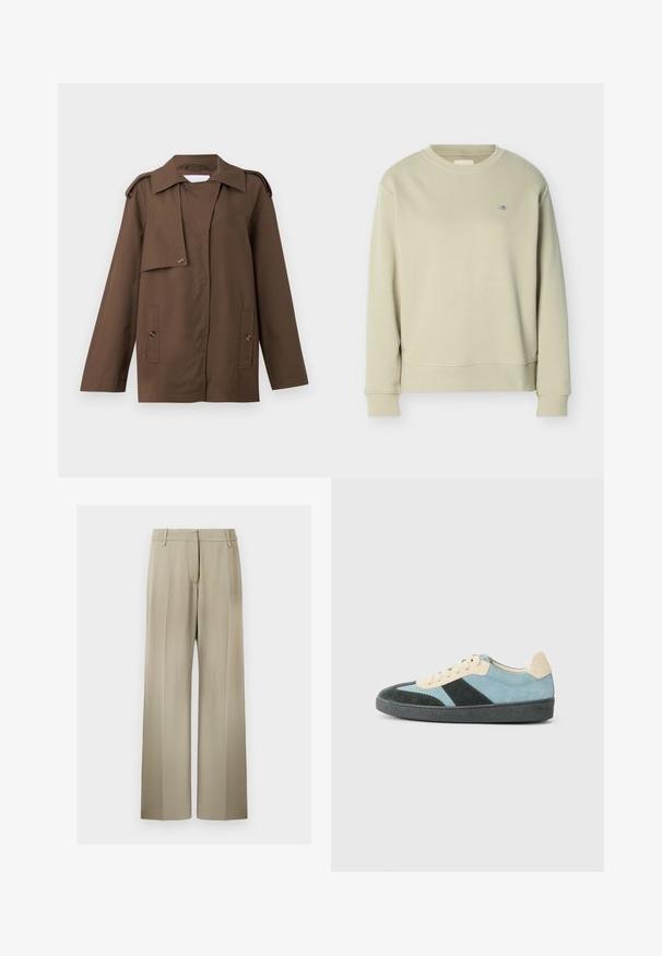 Veste en coton marron avec un col étalé, des épaulettes, un devant à boutons et deux poches plaquées à la taille.; Sweat-shirt col rond beige clair à manches longues avec petit logo brodé sur le côté gauche de la poitrine, présenté sur fond blanc.; Pantalons à jambes larges en tissu beige doux, avec un devant plat, des passants de ceinture et une texture lisse. Taille standard sans motifs visibles.; Baskets basses en suède bleu clair, vert foncé et beige avec semelle noire et lacets beiges, présentées de l'extérieur.