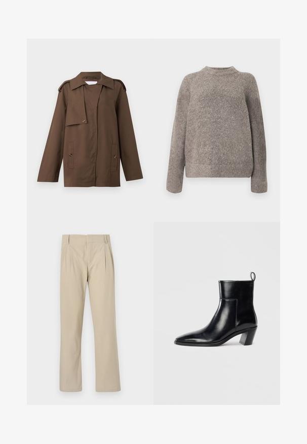 Veste en coton marron avec un col étalé, des épaulettes, un devant à boutons et deux poches plaquées à la taille.; Pull gris texturé avec un col rond et des manches longues, présentant une coupe ample et un tissu en maille douce. Aucun motif ou accent visible.; Pantalons larges beige en mélange de coton ; avec plis à l'avant, coupe droite et passants de ceinture. Texture lisse, sans motifs.; Bottine en cuir noir avec un bout pointu, un talon empilé géométrique et une languette à l'arrière. Texture lisse et design épuré.