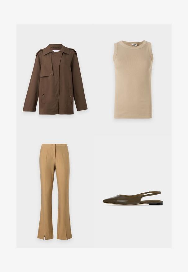 Braune Baumwolljacke mit einem umschlagbaren Kragen, Schulterklappen, knöpfbarem Vorderteil und zwei aufgesetzten Taschen auf der Hüfte.; Beige ärmelloses Top aus geripptem Stoff mit rundem Ausschnitt, das über eine tonale Nahtführung und eine taillierte Passform verfügt.; Beige Schlaghosen mit vorderen Schlitzen, aus glattem Stoff gefertigt. Sie verfügen über einen flachen Bund und scharfe Bügelfalten, die entlang der Beine verlaufen.; Olivgrüner Slingback-Flachschuh mit spitzer Zehenpartie, niedrigem schwarzem Absatz und glattem, glänzendem Finish.